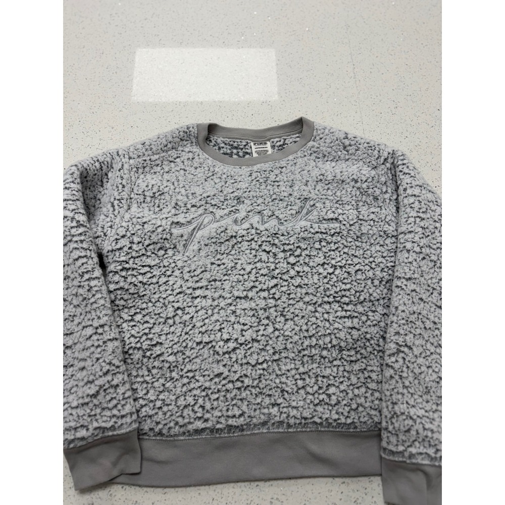 Victoria's Secret PINK‎ Grey Sherpa Fleece Crewneck Sweatshirt Script Logo XS
